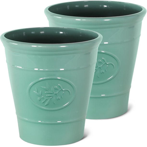 Worth Garden Round Planters for Indoor Plants Plastic 12 Inch Large Glossy Finish Green Resin Flower Pots Set of 2 Outdoor Decorative 3 Gallon Containers Front Porch Home Patio Deck Unbreakable 